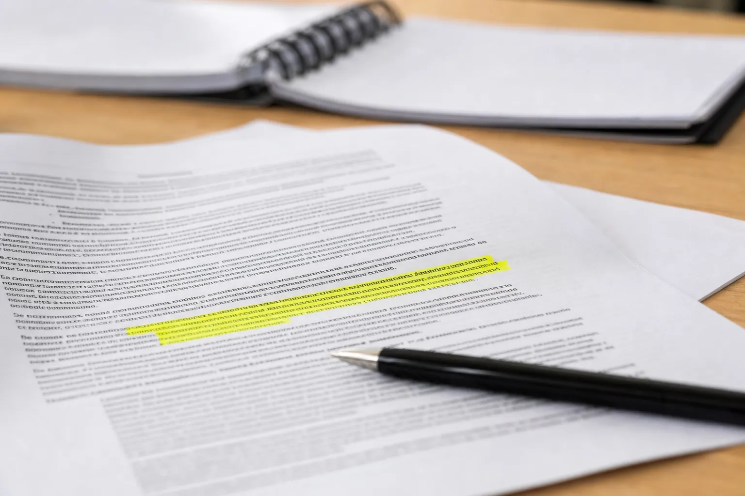 Contrat d’assurance ouvert à plat sur un bureau, une clause surlignée au feutre jaune, un stylo posé en travers de la page