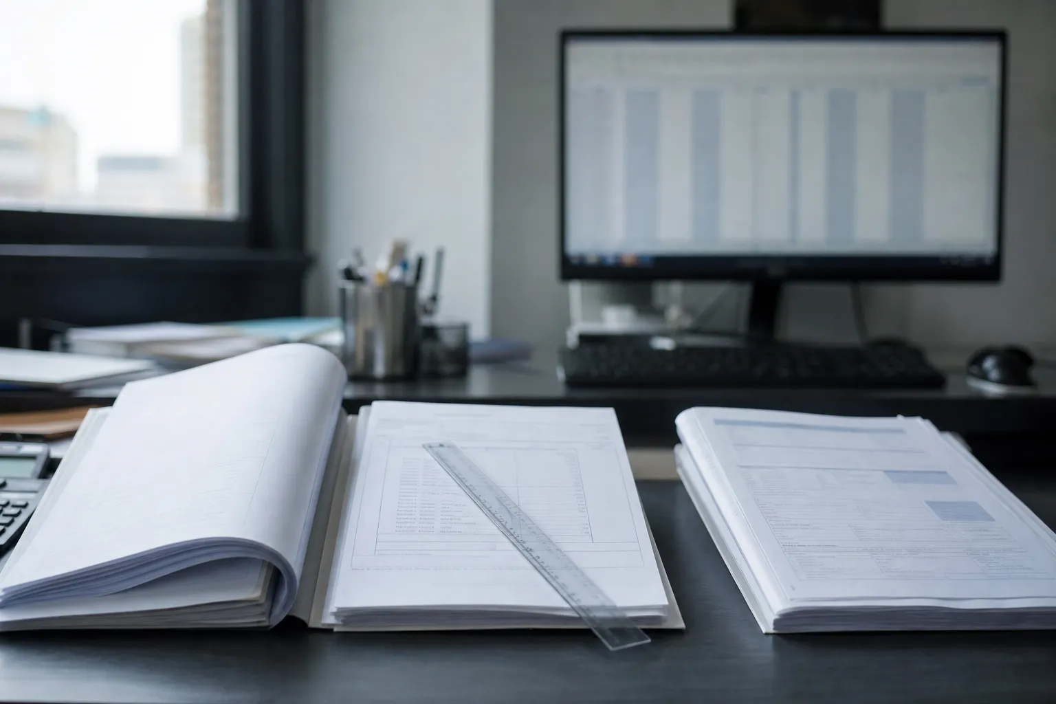 Trois liasses de contrats d’assurance étalées côte à côte sur un plan de travail, une règle transparente posée sur l’une d’elles
